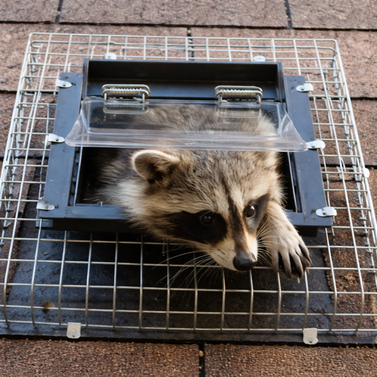 A raccoon leaves through a one-way door.