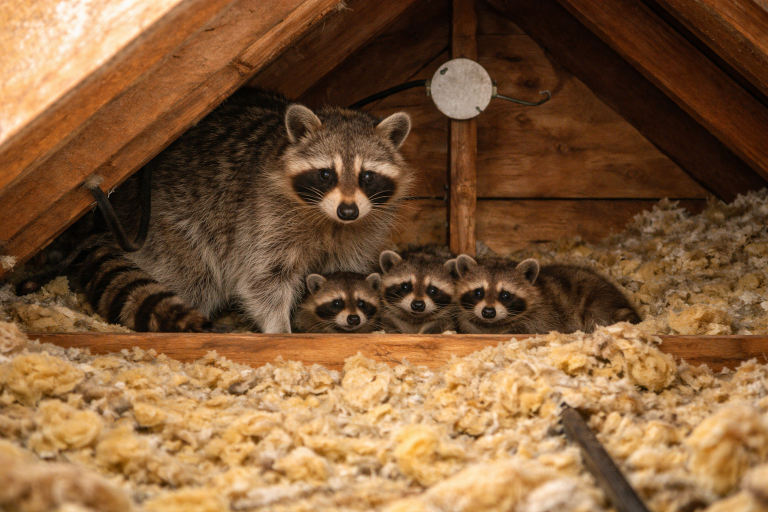 A mother raccoon and her babies nesting in an attic.