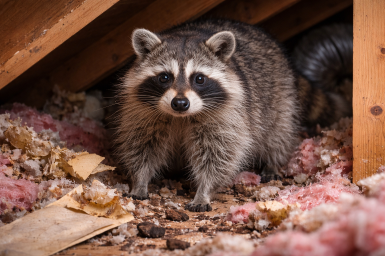A raccoon in an attic surrounded by insulation debris.
