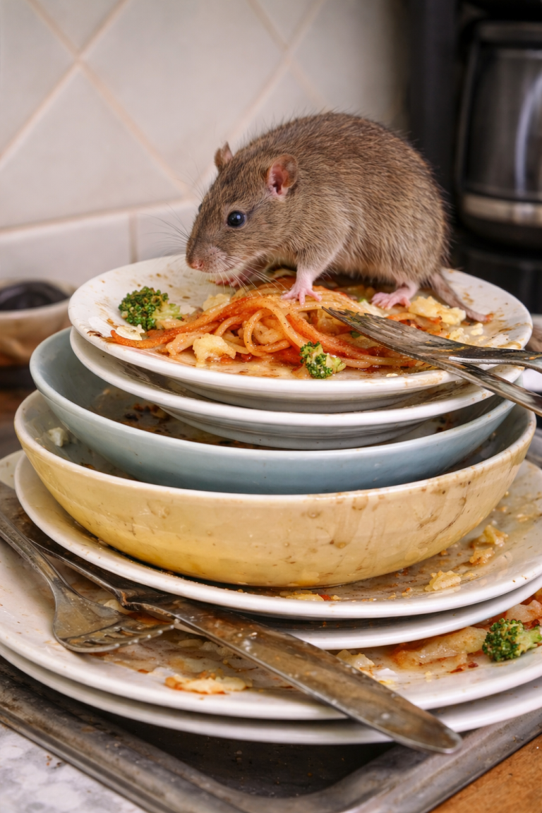 A mouse sits on top a pile of dirty dishes.