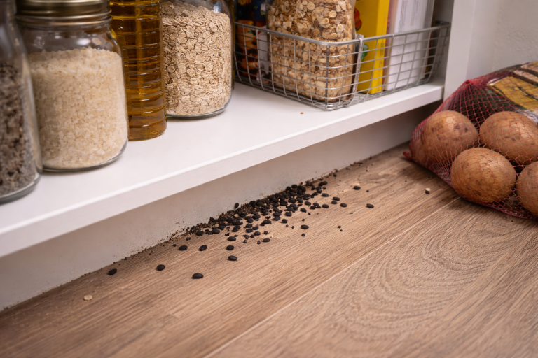 Mouse droppings scattered outside of a pantry.