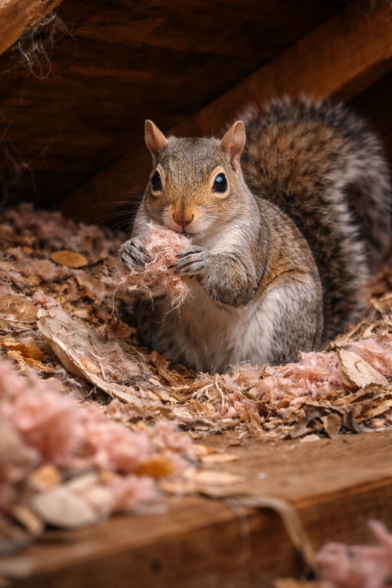 A squirrel collects insulation in an attic for it's nest.