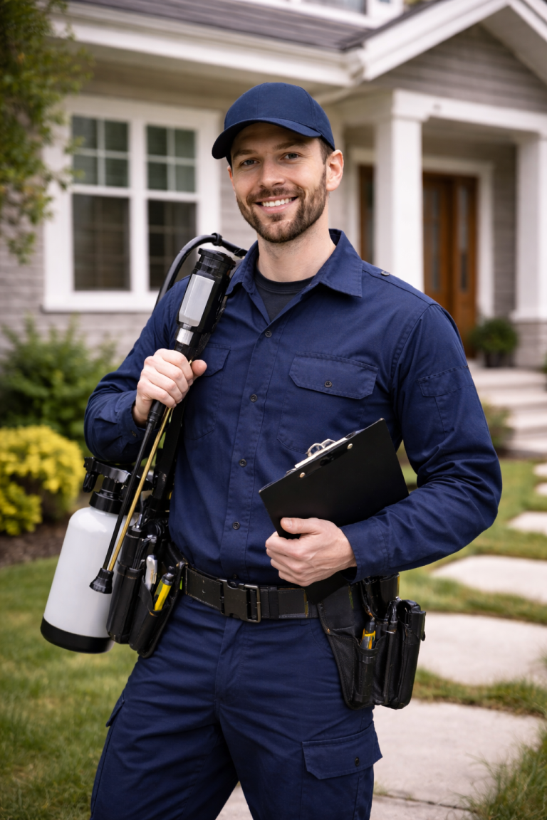 A pest control technician stands in front of a house ready for an appointment.
