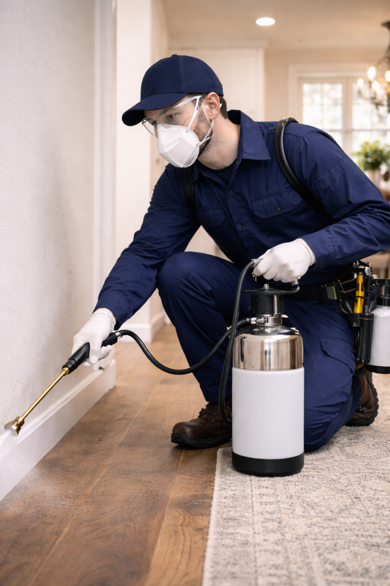 A technician sprays the baseboards in a living room.
