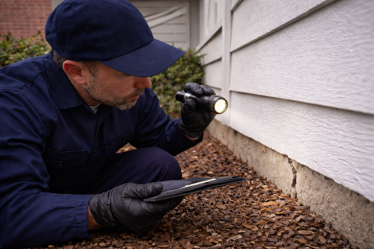 A pest technician inspects a crack on the foundation of a house.