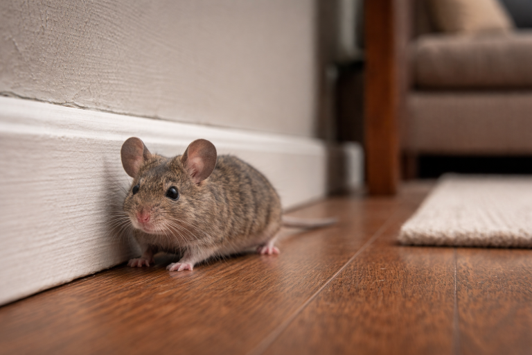 A mouse crawls along the baseboards in a living room.