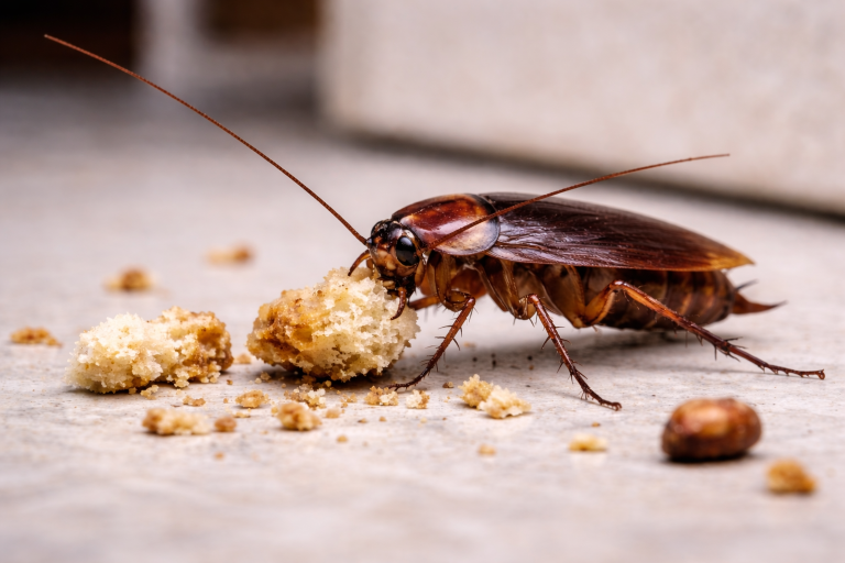 A cockroach eating crumbs.