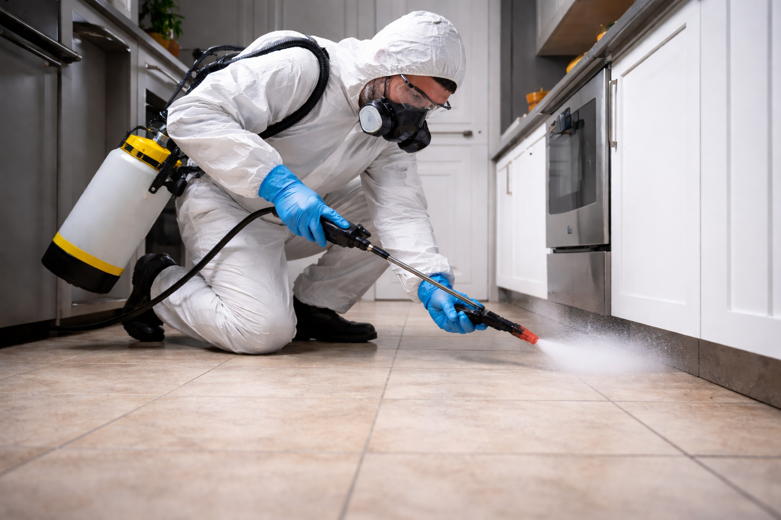 A professional pest technician sprays a kitchen for cockroaches.