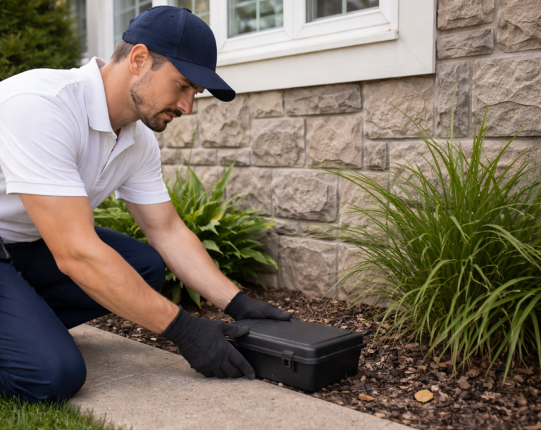 A technician places a professional bait station for rodents.