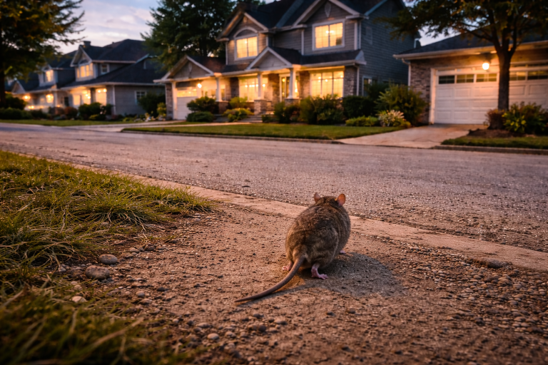 A rat walks toward a house in a neighbourhood.
