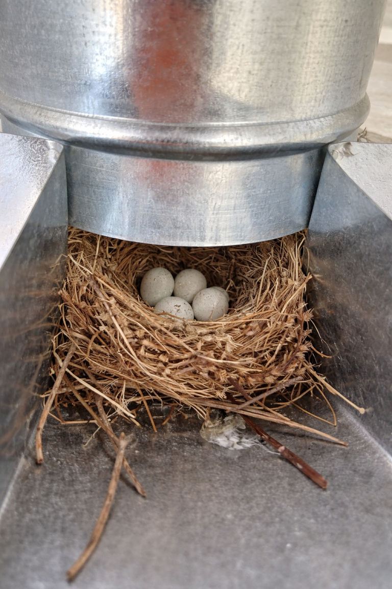A bird nest with eggs in a dryer vent.