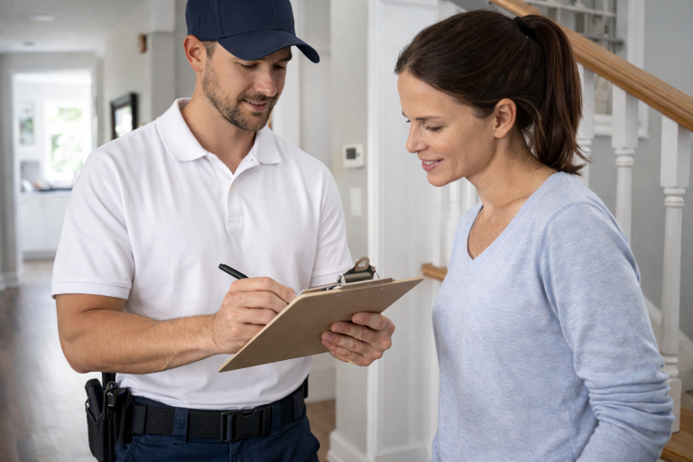 A pest technician goes over a checklist with a homeowner.