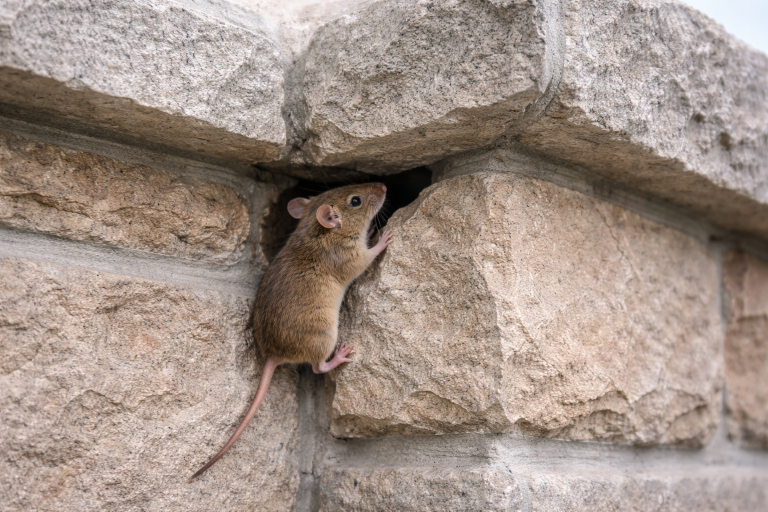 A mouse climbs a stone foundation to search for entry points.