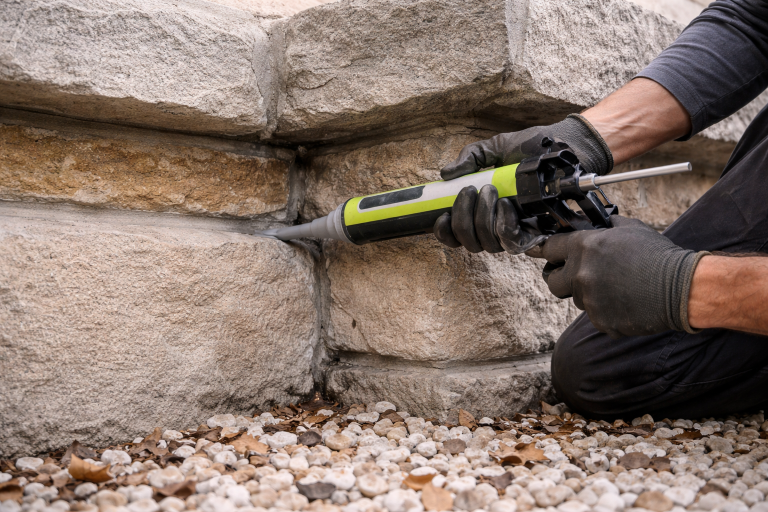 A professional technician seals an entry point for mice in a stone foundation.