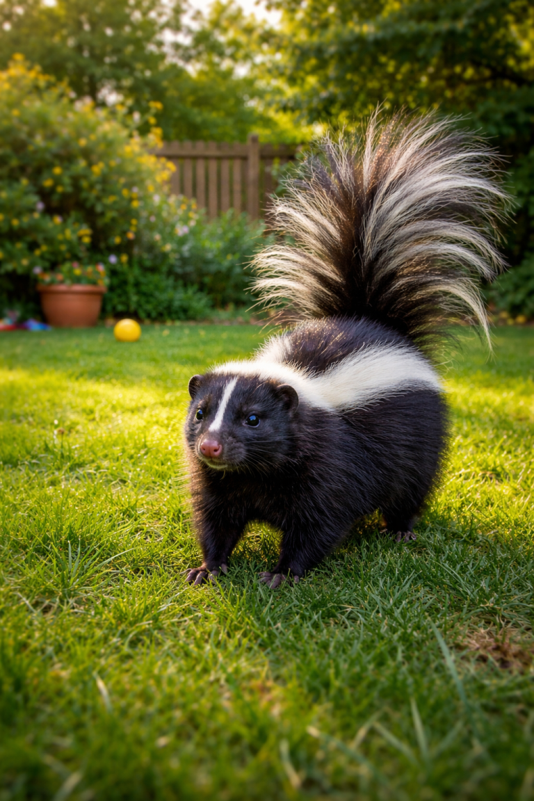 A skunk in a backyard.
