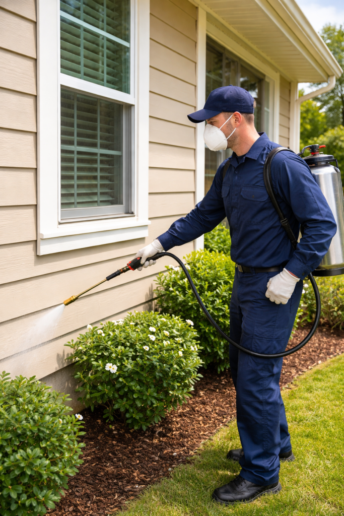 A pest technician sprays the exterior walls of a house.