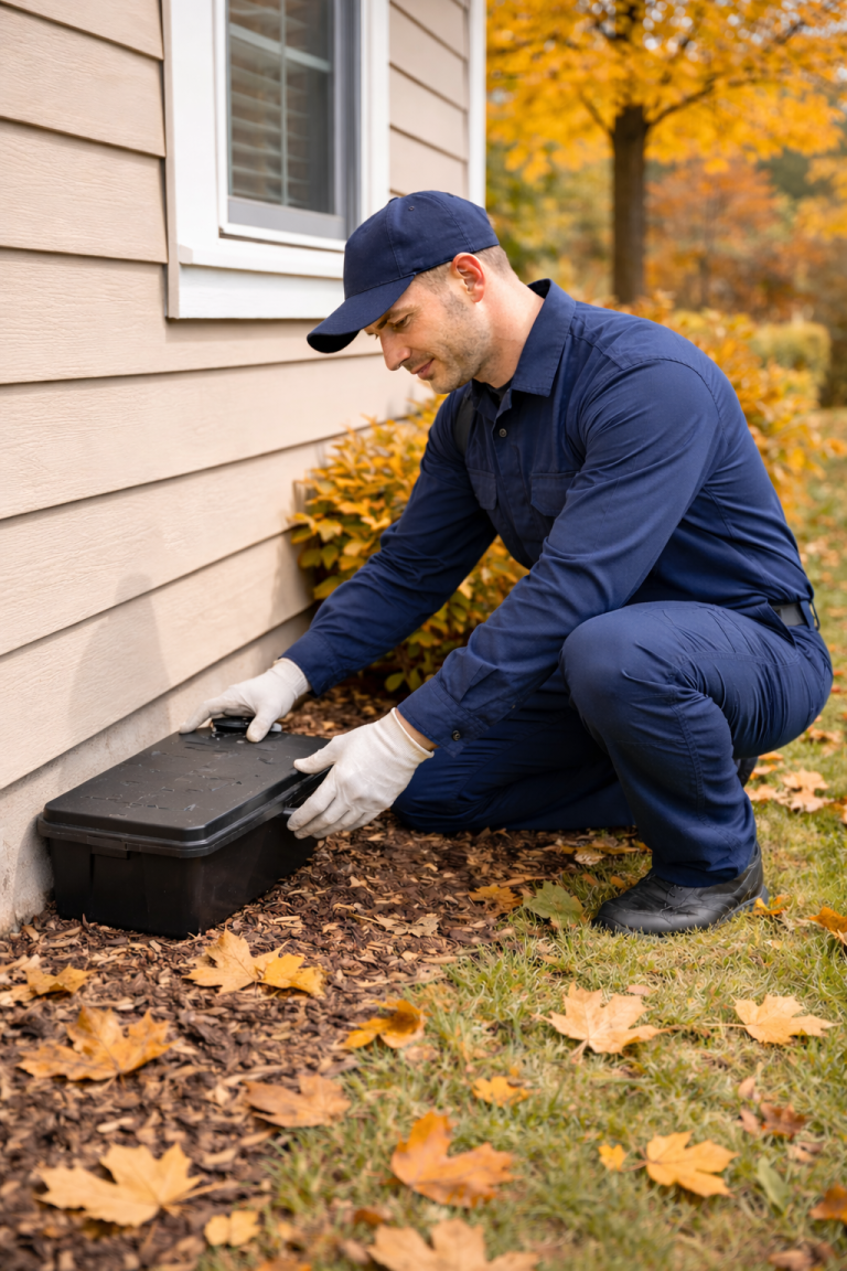 A pest control technician places an exterior rodenticide station outside a house.