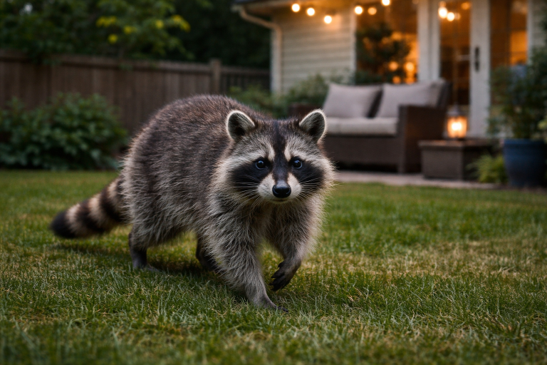 A raccoon walks in the backyard of a house.