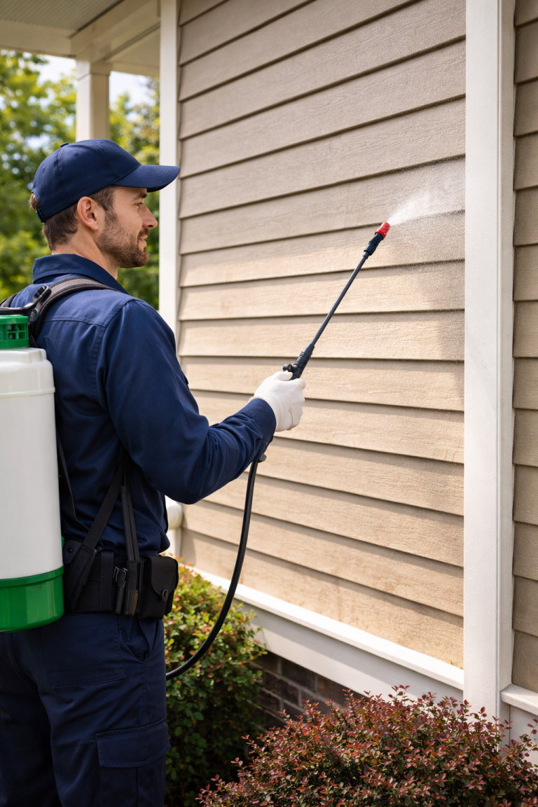 A professional pest control technician spray the exterior walls of a house.
