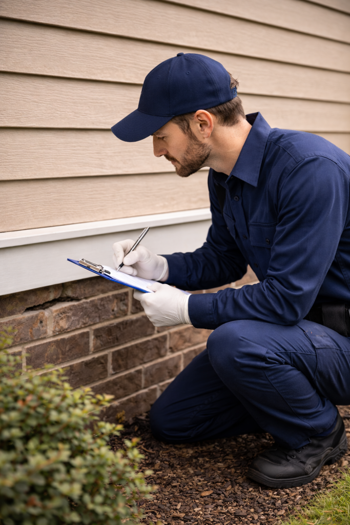 A pest control technician inspects a crack in the foundation of a house.