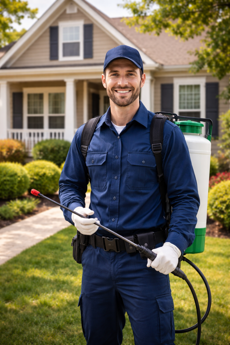 A professional pest control technician stands in front of a house.