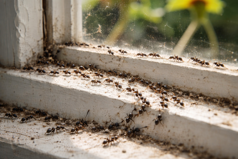 An ant trail around a basement windowsill.