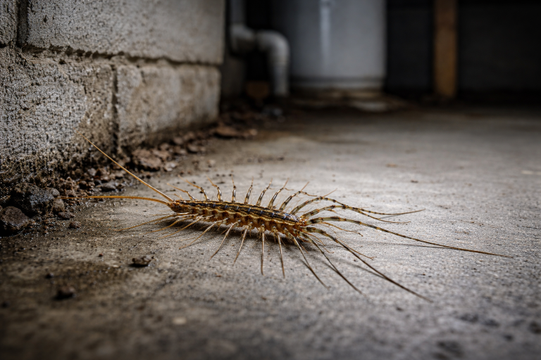 A centipede on a basement floor.