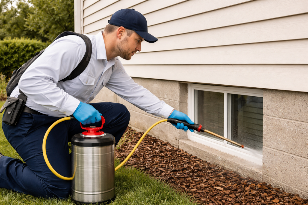 A professional pest control technician sprays the exterior of a basement window.