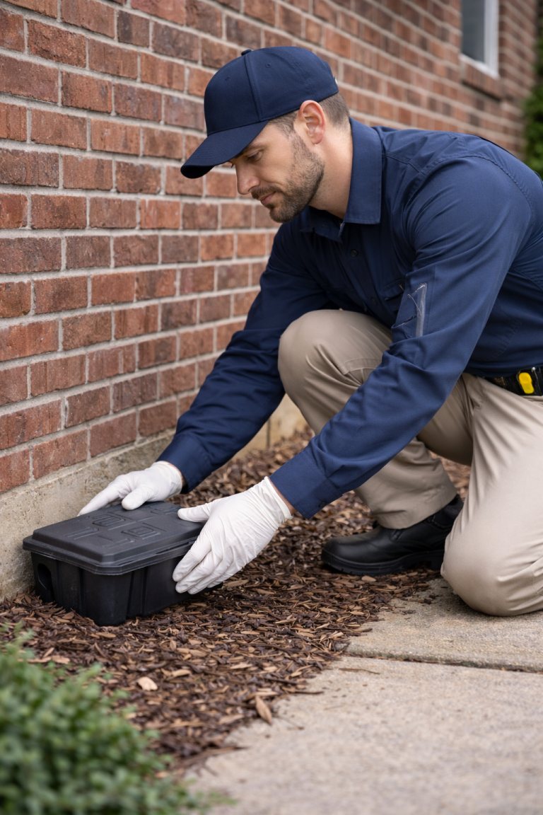 A professional pest technician places a rodenticide station outside of a house.