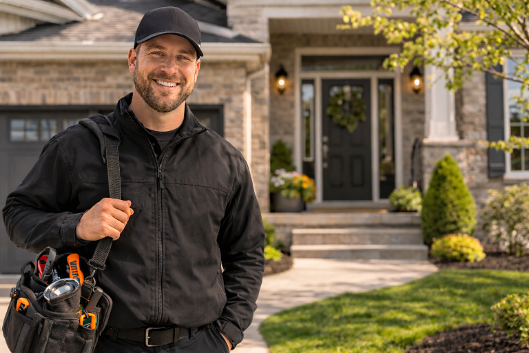 A professional pest technician in front of a house.