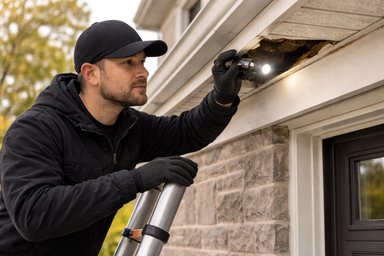 A professional pest control technician inspects damage along the roof of a house.