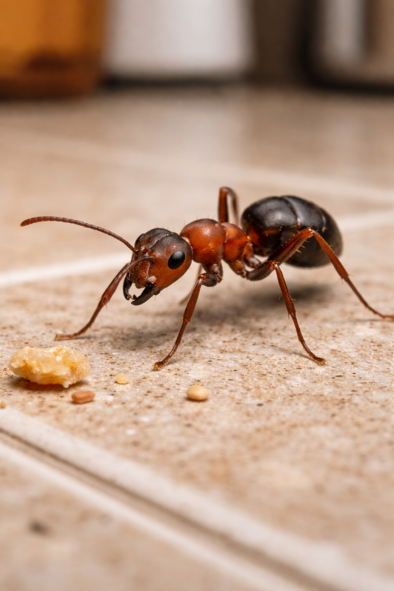 An ant finds crumbs on a kitchen floor.
