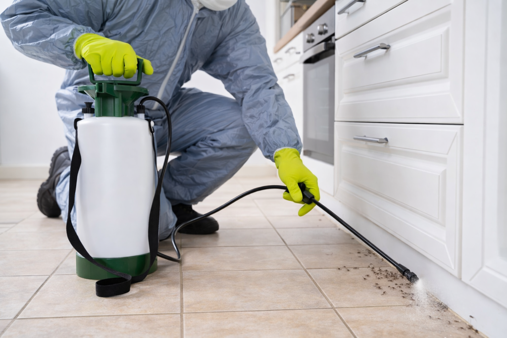 A pest control technician sprays a kitchen floor for ants.