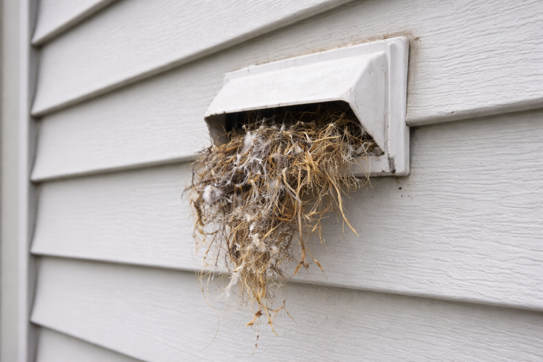 Debris from a bird nest clogs a dryer vent.