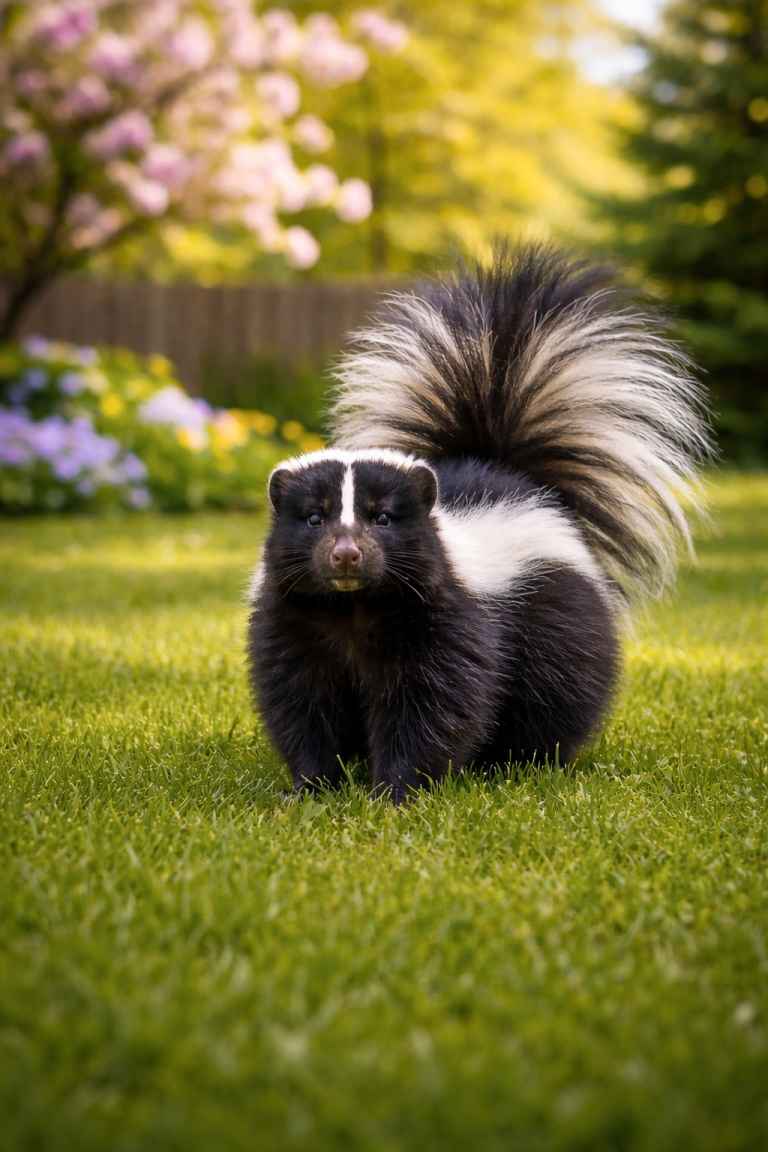 A skunk in a bakyard in spring.