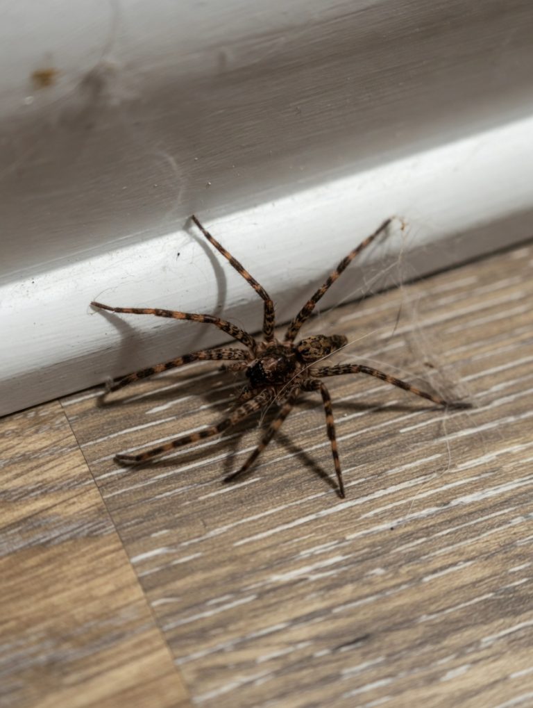 A close-up of a spider on the floor of a house.