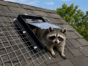 A raccoon exiting through a one-way door installed on the roof of a house.