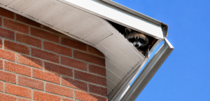 A raccoon peeking its head of a damaged soffit.