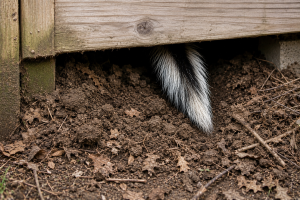 A skunk tail pokes out of an opening under a deck.
