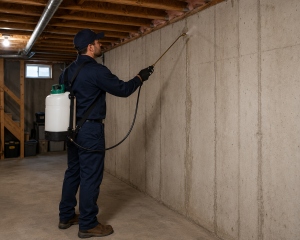A professional pest control technician spraying the walls of an unfinished basement.