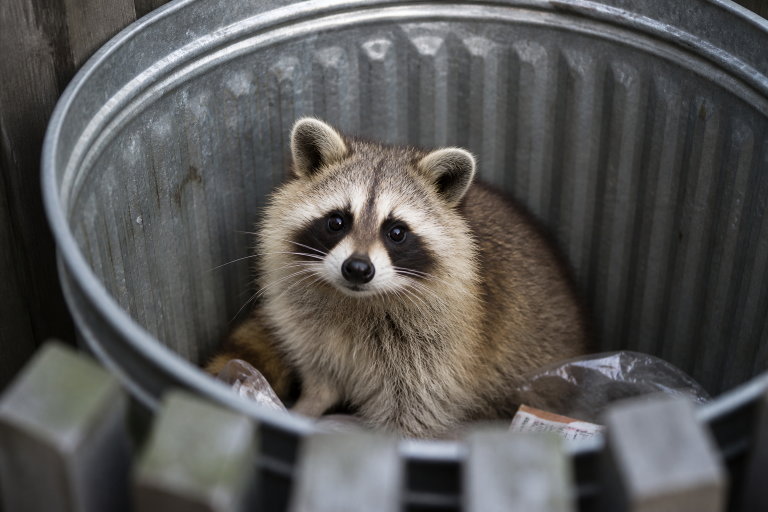 A raccoon in a garbage bin.