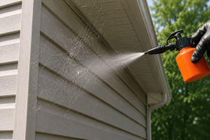 A spider web on the side of a house getting sprayed with pesticide.