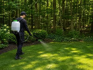 A pest control technician spaying a grassy backyard.