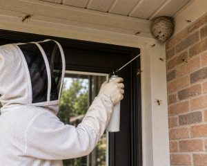 A technician dressed in a beekeeper suit preparing to treat a wasp nest in the corner of a doorway.