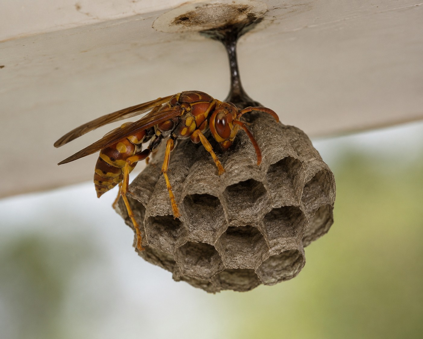 A wasp on a paper wasp nest.