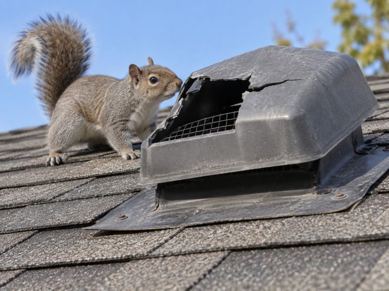 A squirrel beside a damaged roof vent.
