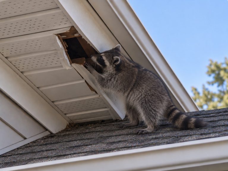 A raccoon tampering with a damaged soffit.