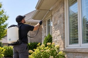 A pest control technician spraying the exterior of a house.