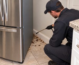 A technician spraying for cockroaches behind a fridge.