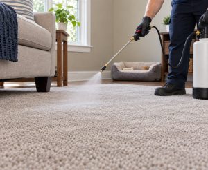 A pest control technician spraying the carpet of a living room.